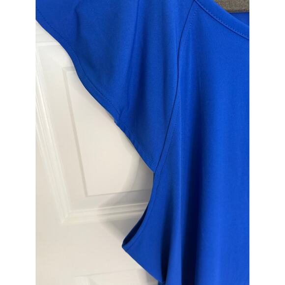 Liz Claiborne Royal Blue Flutter Sleeve Blouse Women’s XL Keyhole Gold Bar - Picture 4 of 6
